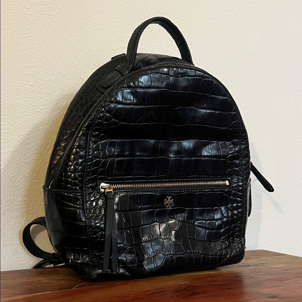 Tory Burch Croc Embossed Black Leather Mini Backpack Purse Gold Logo Casual Luxe - Picture 2 of 16